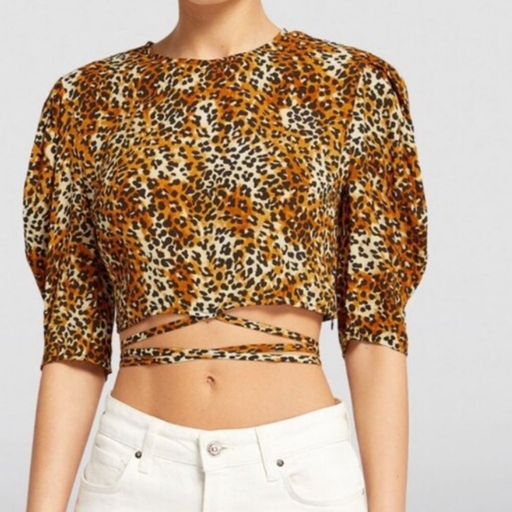 Maje Leopard Cropped Tie Waist Crepe Leopard Print Top